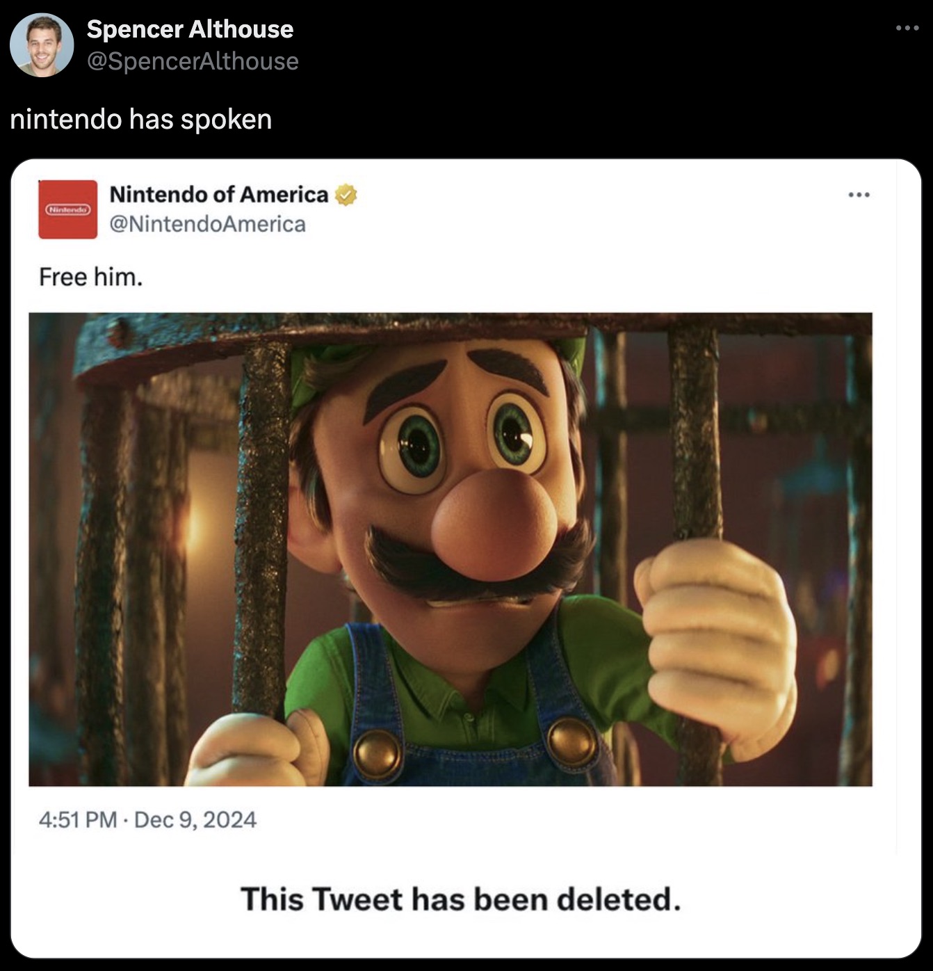 luigi super mario bros movie - Spencer Althouse nintendo has spoken Nintendo Nintendo of America Free him. This Tweet has been deleted.